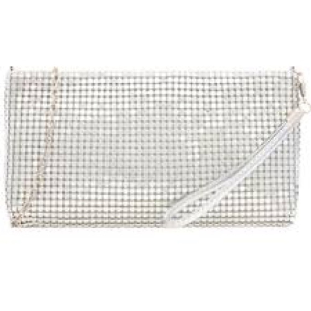 Silver metal mesh zip wristlet clutch